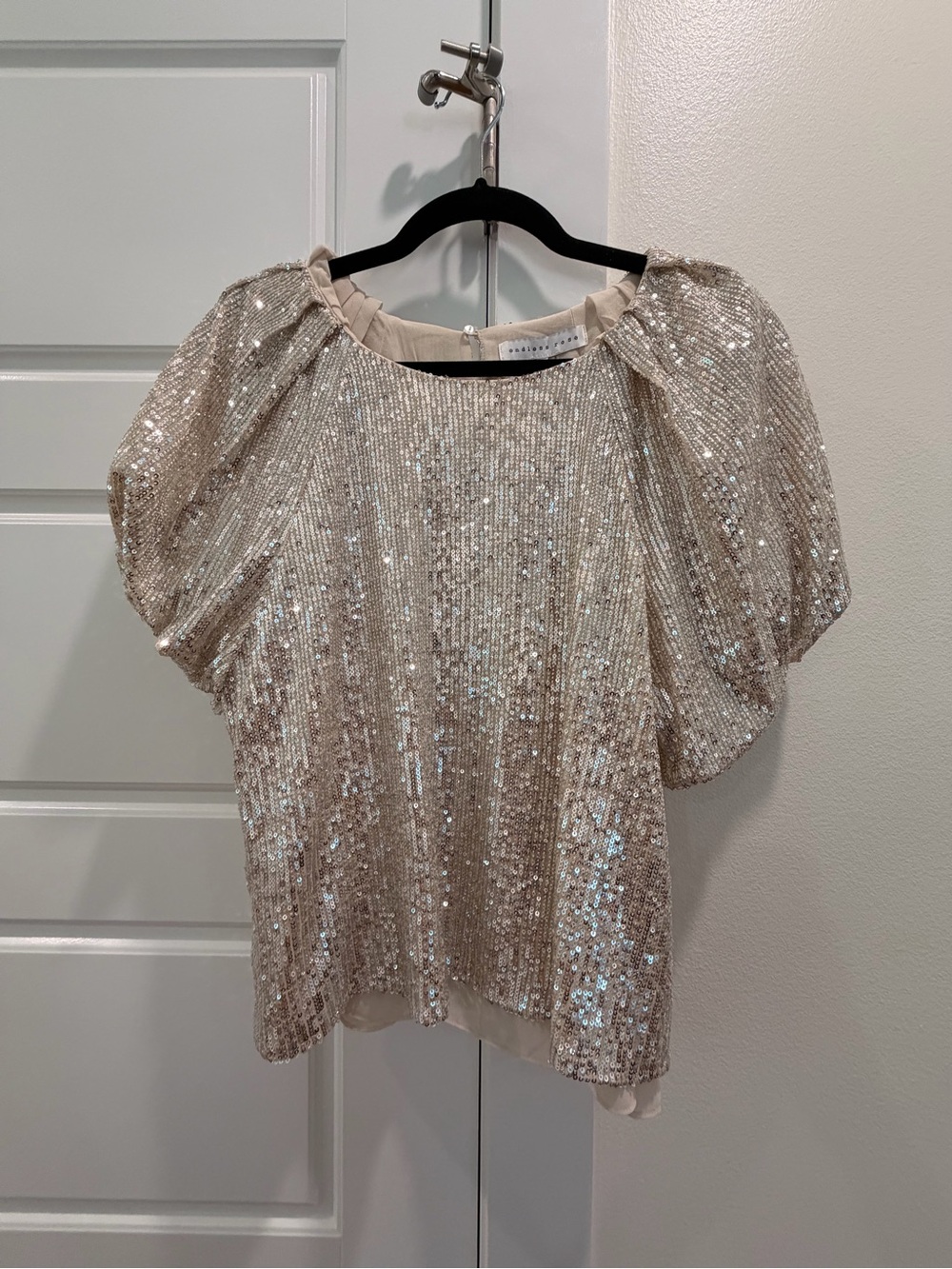 Anthropologie Medium Endless Rose Champagne Sequin Puff Sleeve Blouse